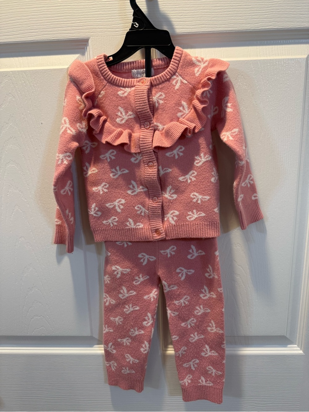 Girls Pink Ruffle Bow Knit Set